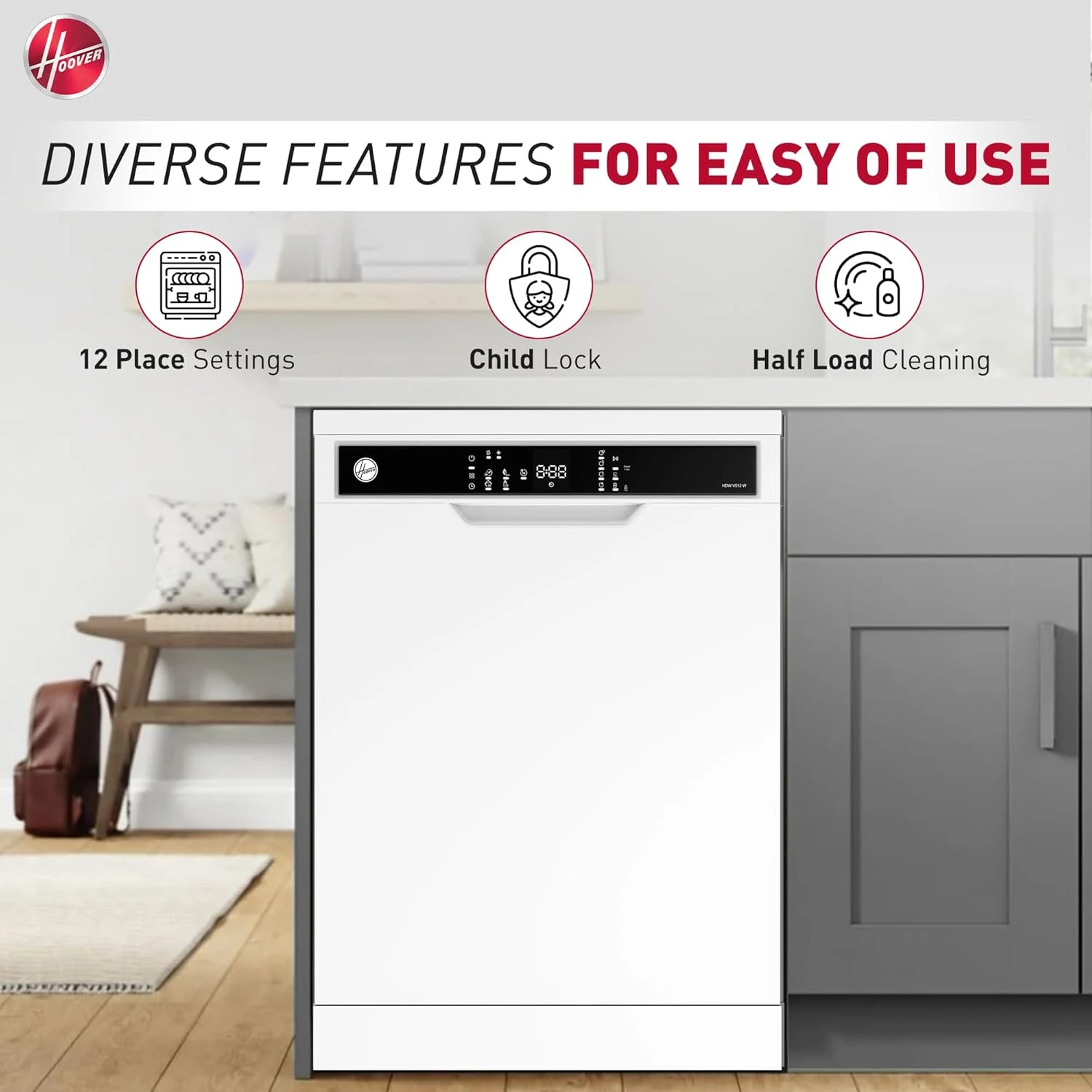 Hoover Freestanding Dishwasher, 12 Place Settings, 5 Programs, Push Button, Dela