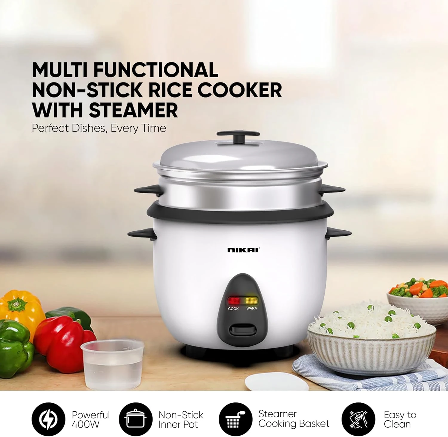 Nikai 1L 400W 2-in-1 Non-Stick Electric Rice Cooker With Steamer, Multicooker, C