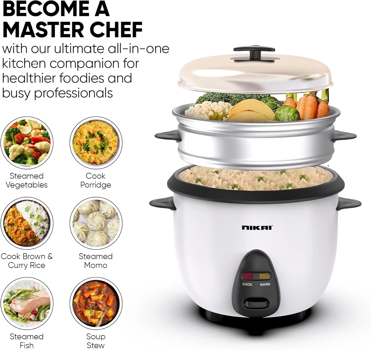Nikai 1L 400W 2-in-1 Non-Stick Electric Rice Cooker With Steamer, Multicooker, C