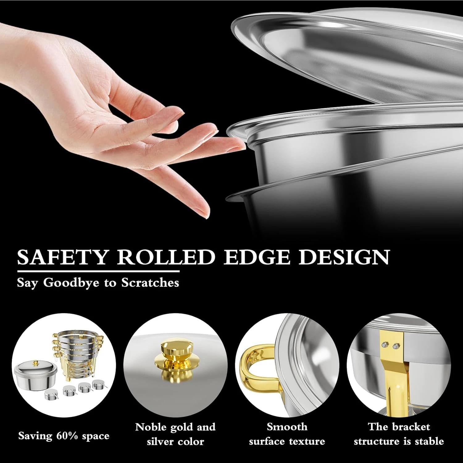 NEWKITCHEN 6QT Round Chafing Dish – Elegant Gold and Silver Stainless Steel Buff