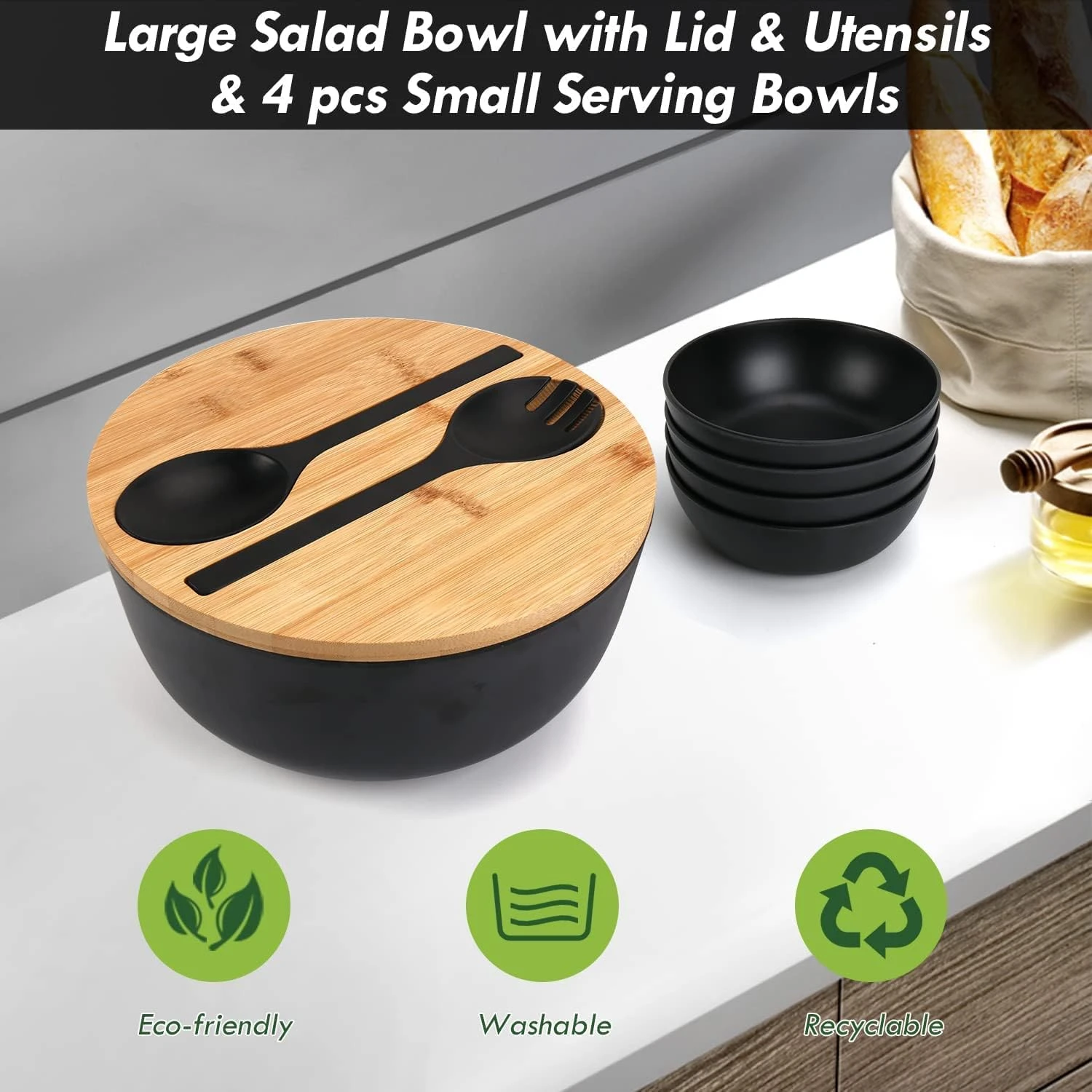 Fitmos Salad Bowls, Large Salad Bowl with Lid and Servers, Bamboo Salad Bowl Set