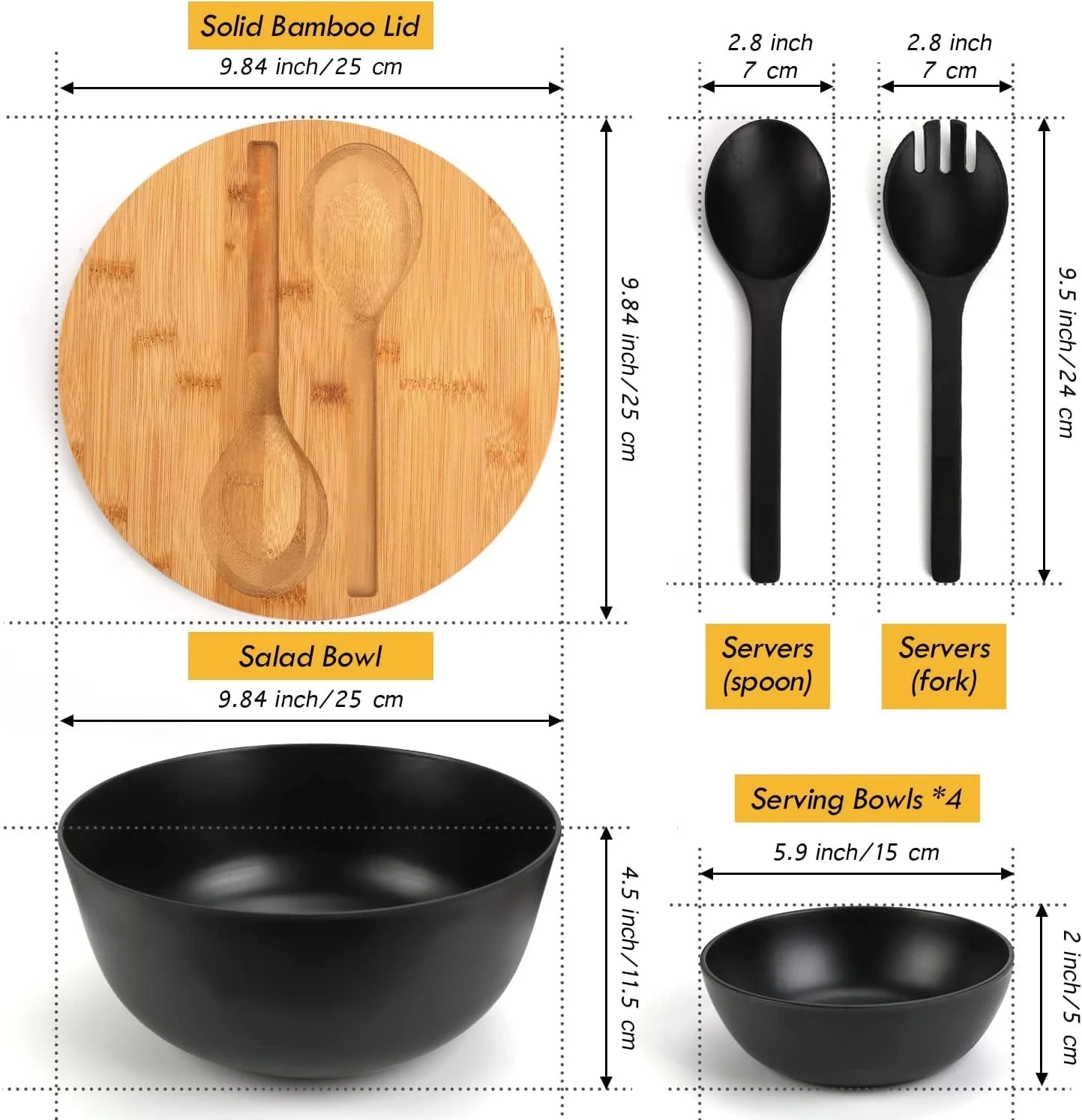 Fitmos Salad Bowls, Large Salad Bowl with Lid and Servers, Bamboo Salad Bowl Set