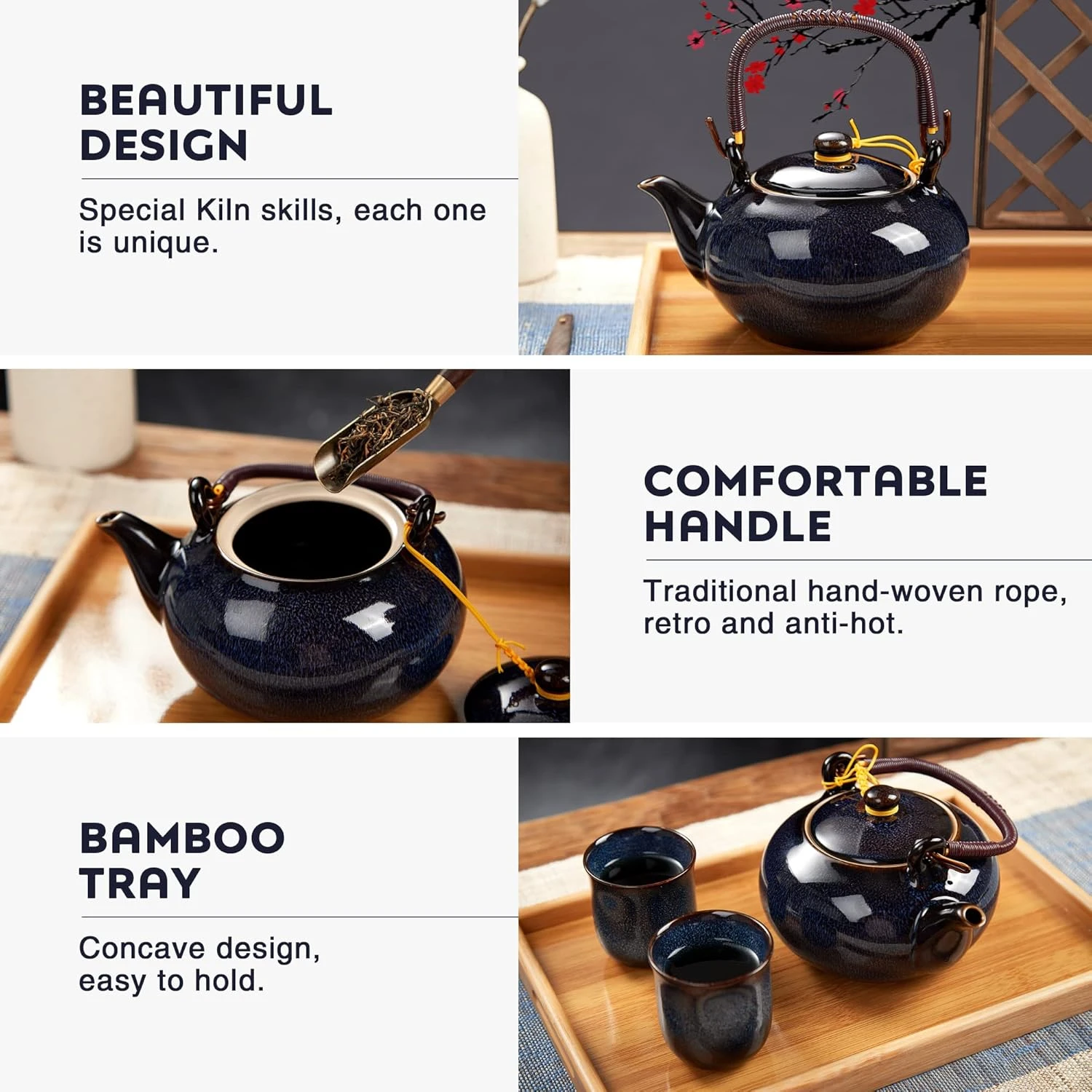 DUJUST Japanese Tea Set for 6, Kiln Altered Glaze Porcelain Tea Set with 1 Teapo