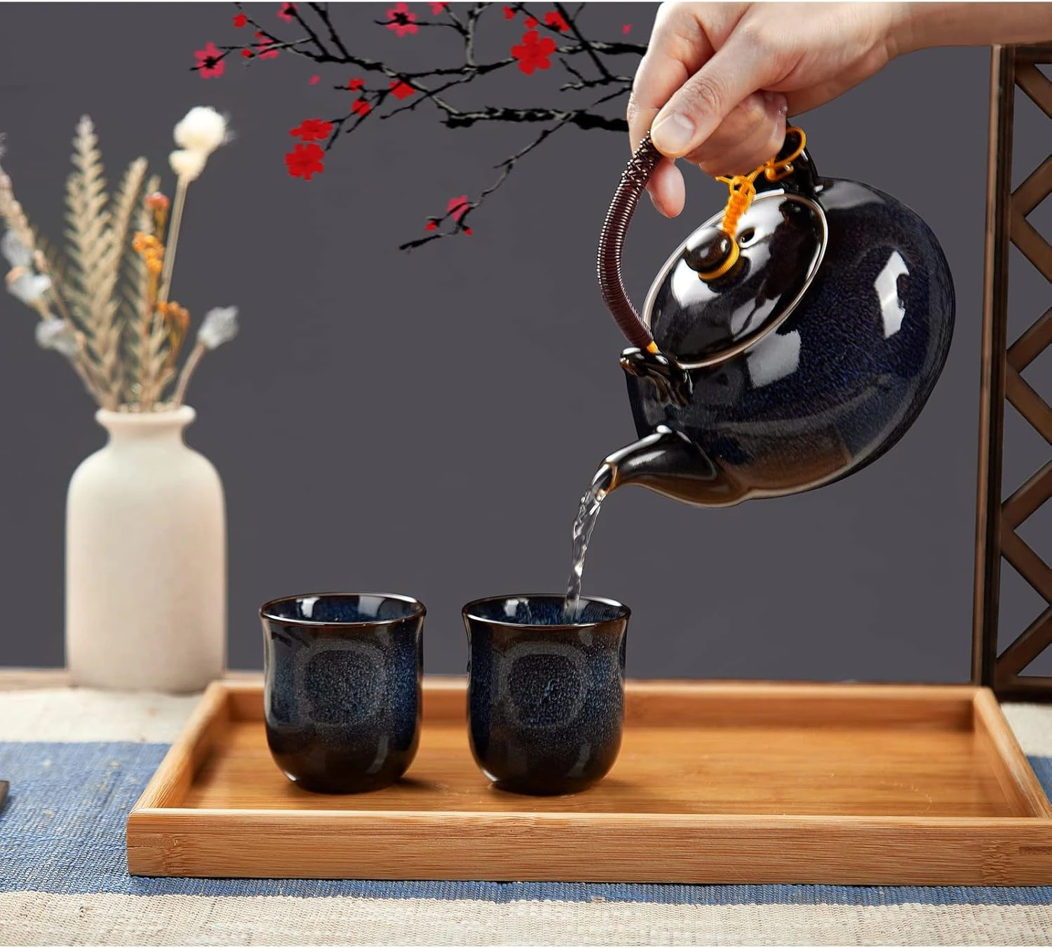 DUJUST Japanese Tea Set for 6, Kiln Altered Glaze Porcelain Tea Set with 1 Teapo