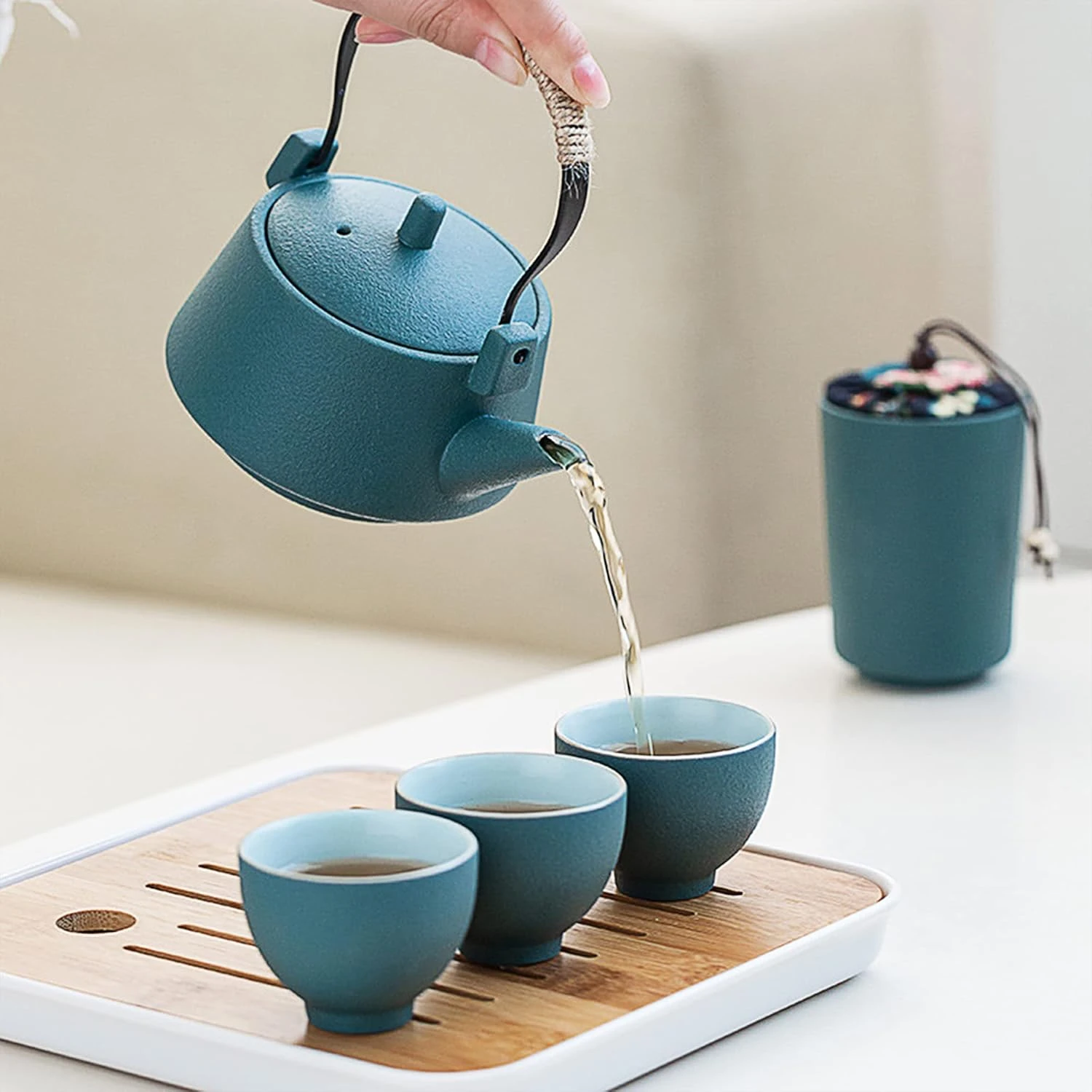 fanquare Japanese Green Kungfu Tea Set, Chinese Portable Tea Set with Tray, Porc