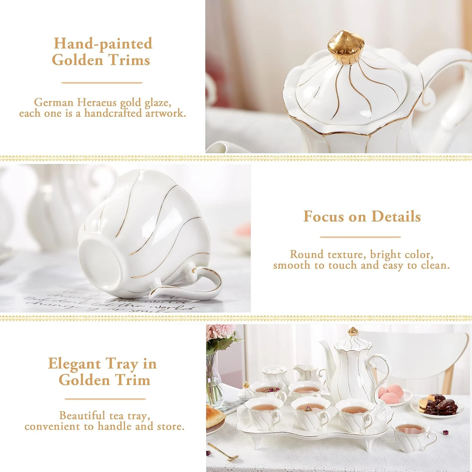DUJUST 14 pcs Tea Set for 6 with Tea Tray & Spoons, Luxury British Style Tea/Cof