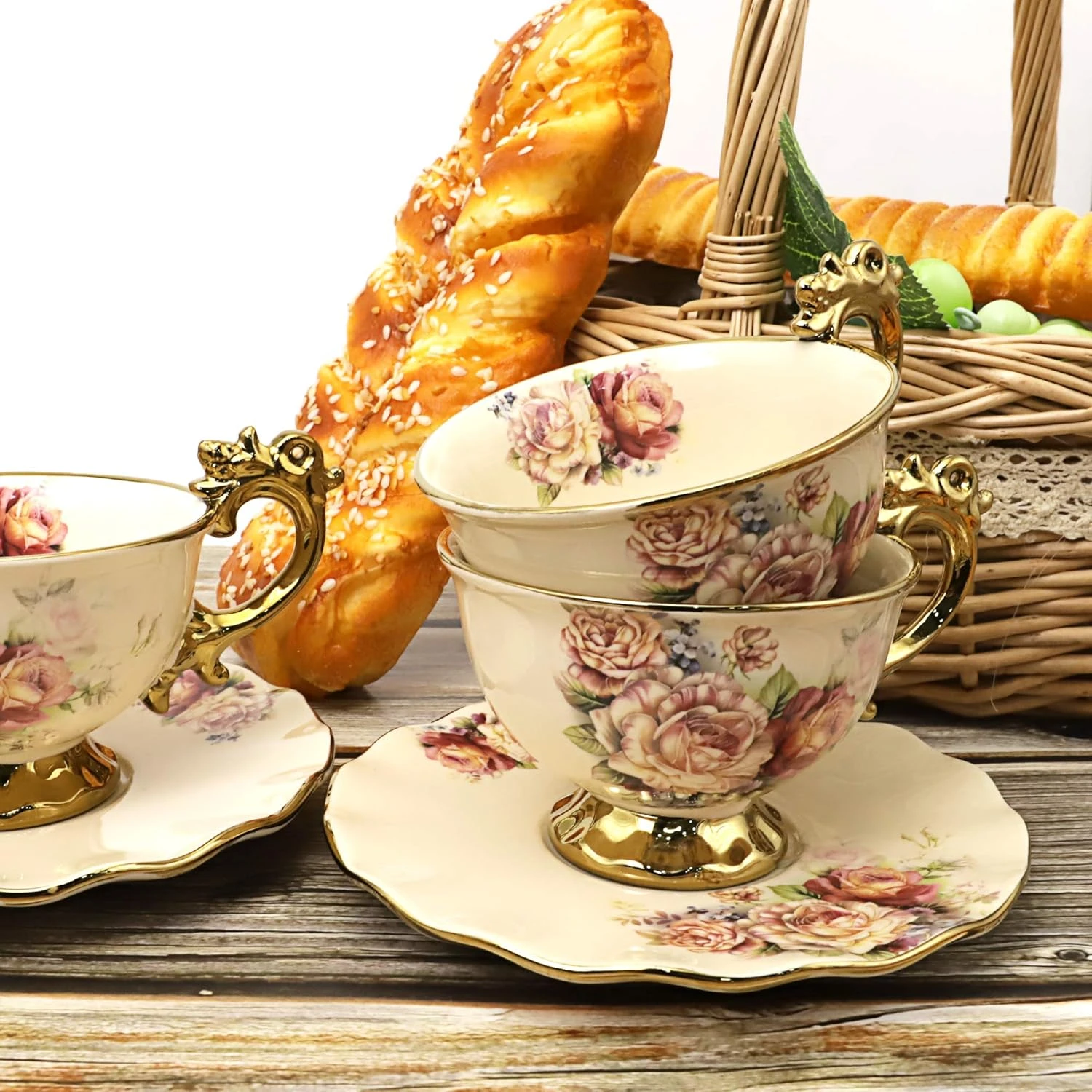 fanquare 15 Pieces British Porcelain Tea Set, Floral Vintage China Coffee Set, W