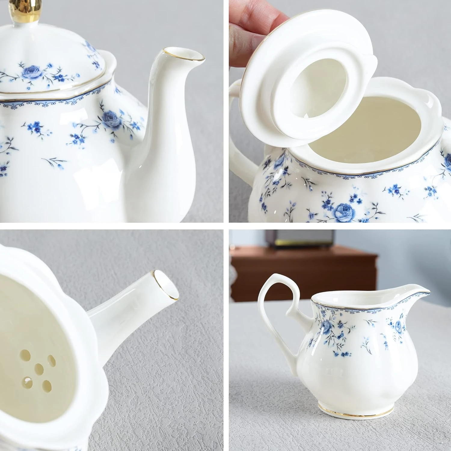 fanquare 15 Piece Blue Rose Porcelain Tea Set, British Floral Teapot with Tea Cu