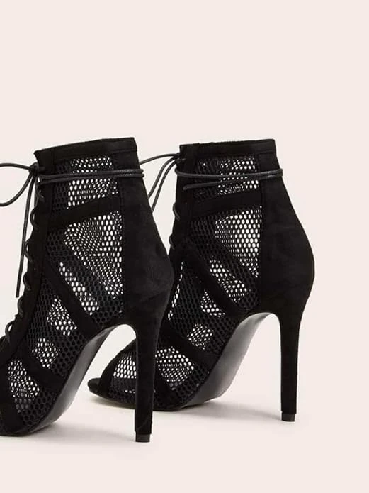 Women Dancing High Heels Shoes Basic Peep Open To Lace-Up Front Mesh Stiletto He