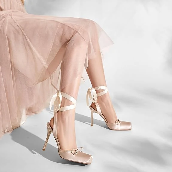 Vertundy Women's Satin Ballet Heels Lace Up Square Toe Stiletto High Bow Balleri