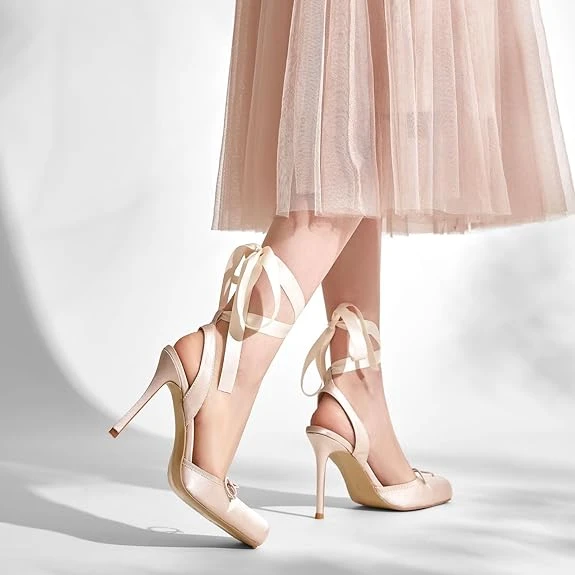 Vertundy Women's Satin Ballet Heels Lace Up Square Toe Stiletto High Bow Balleri