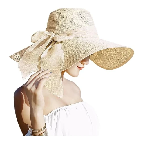 JOYEBUY Women Big Bowknot Straw Hat Floppy Foldable Roll up UV Protection Beach 