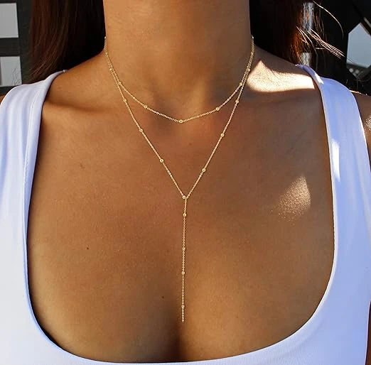 Foxgirl Lariat Gold Necklace for Women, Dainty Long Necklace 14k Gold Plated/Sil