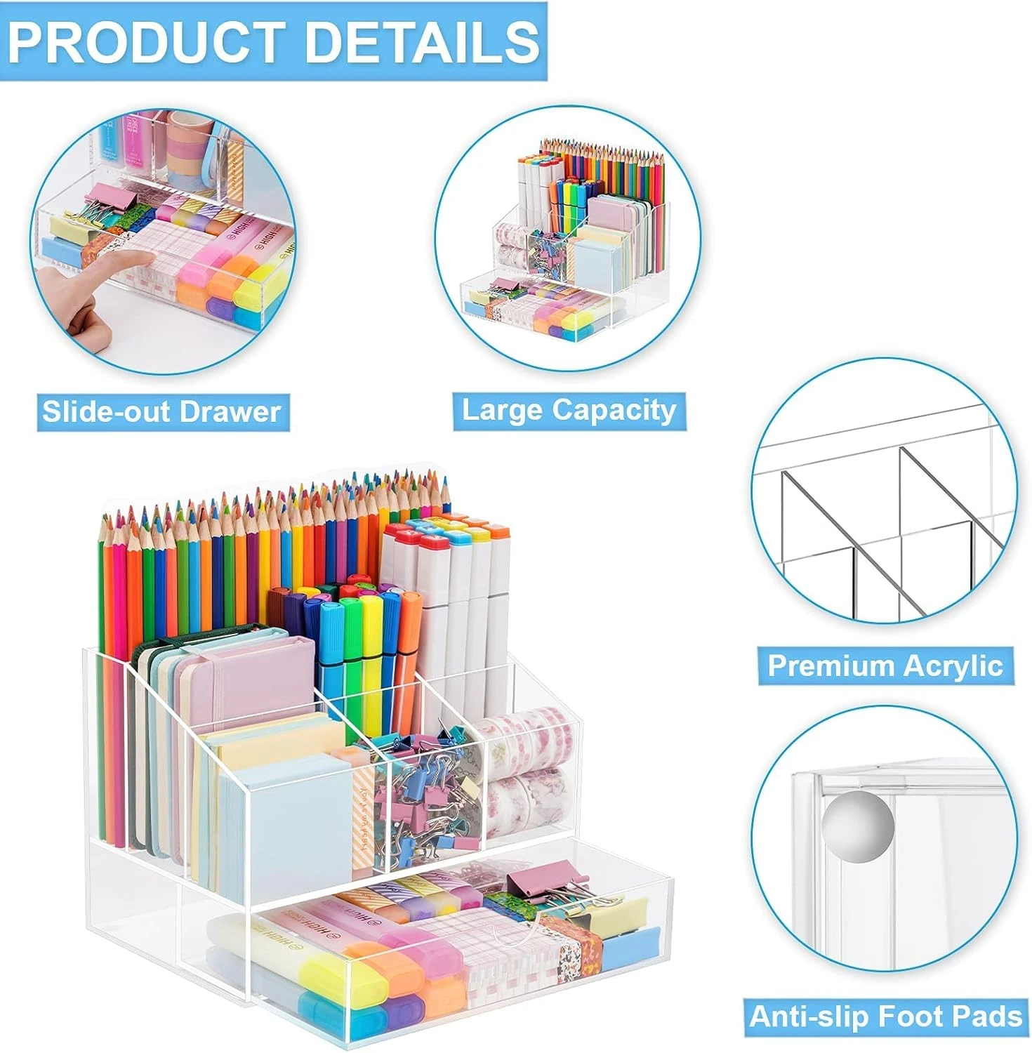 VITVITI Acrylic Desk Organizer, Minimalist Clear Pencil Organizer with 7 Compart