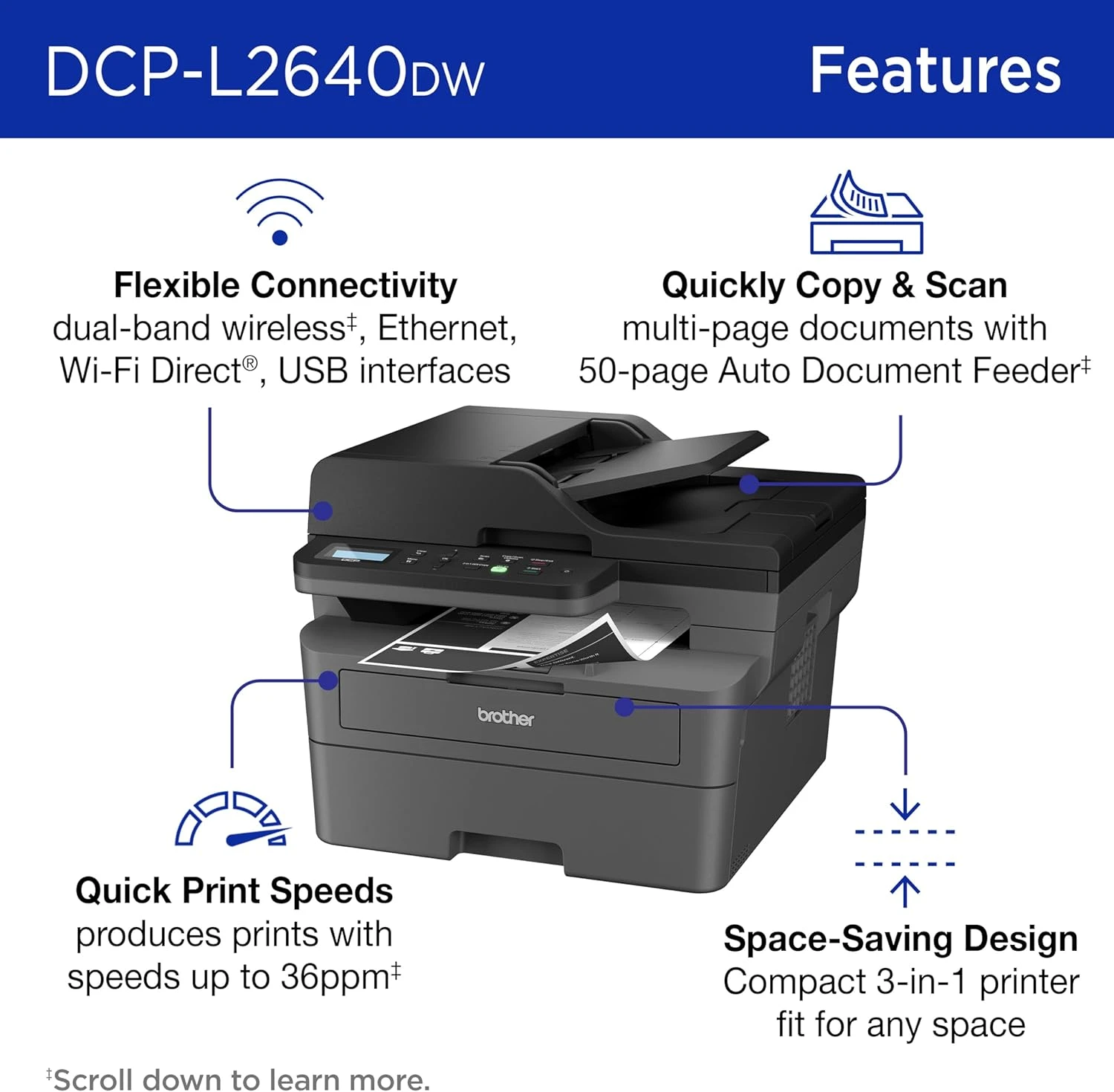 Brother DCP-L2640DW Wireless Compact Monochrome Multi-Function Laser Printer wit