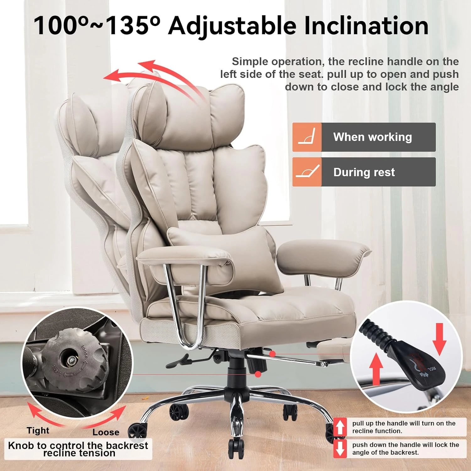 Efomao Big and Tall Office Chair 400lbs – PU Leather Executive Desk Chair with L
