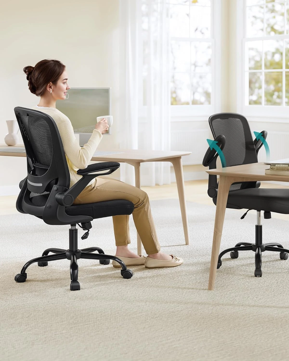 SONGMICS Office Chair with Folding Armrest, Desk Mesh Chair, Ergonomic Computer 