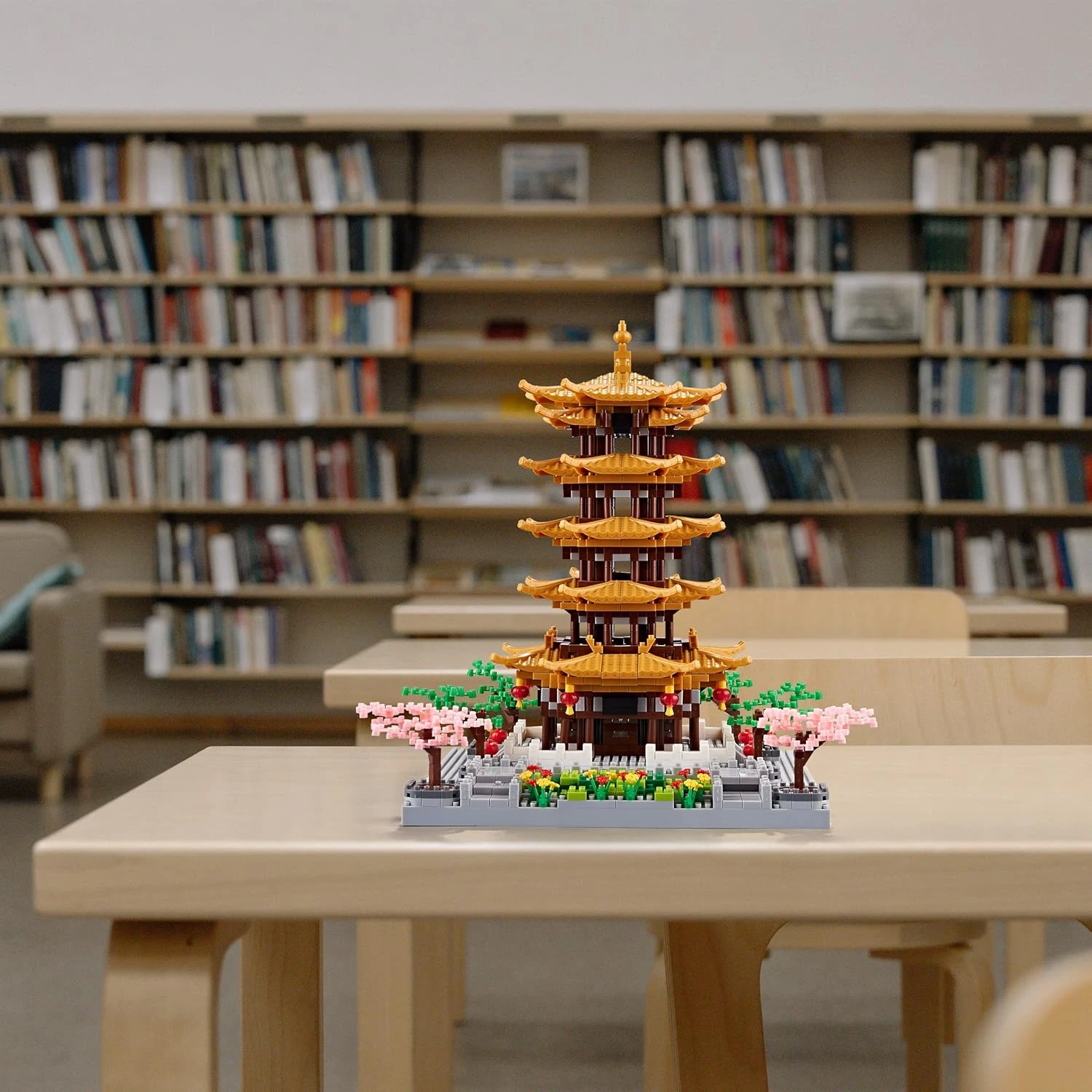 JXRLMB Micro Building Blocks Set for Adults Yellow Crane Tower with Sakura Tree 