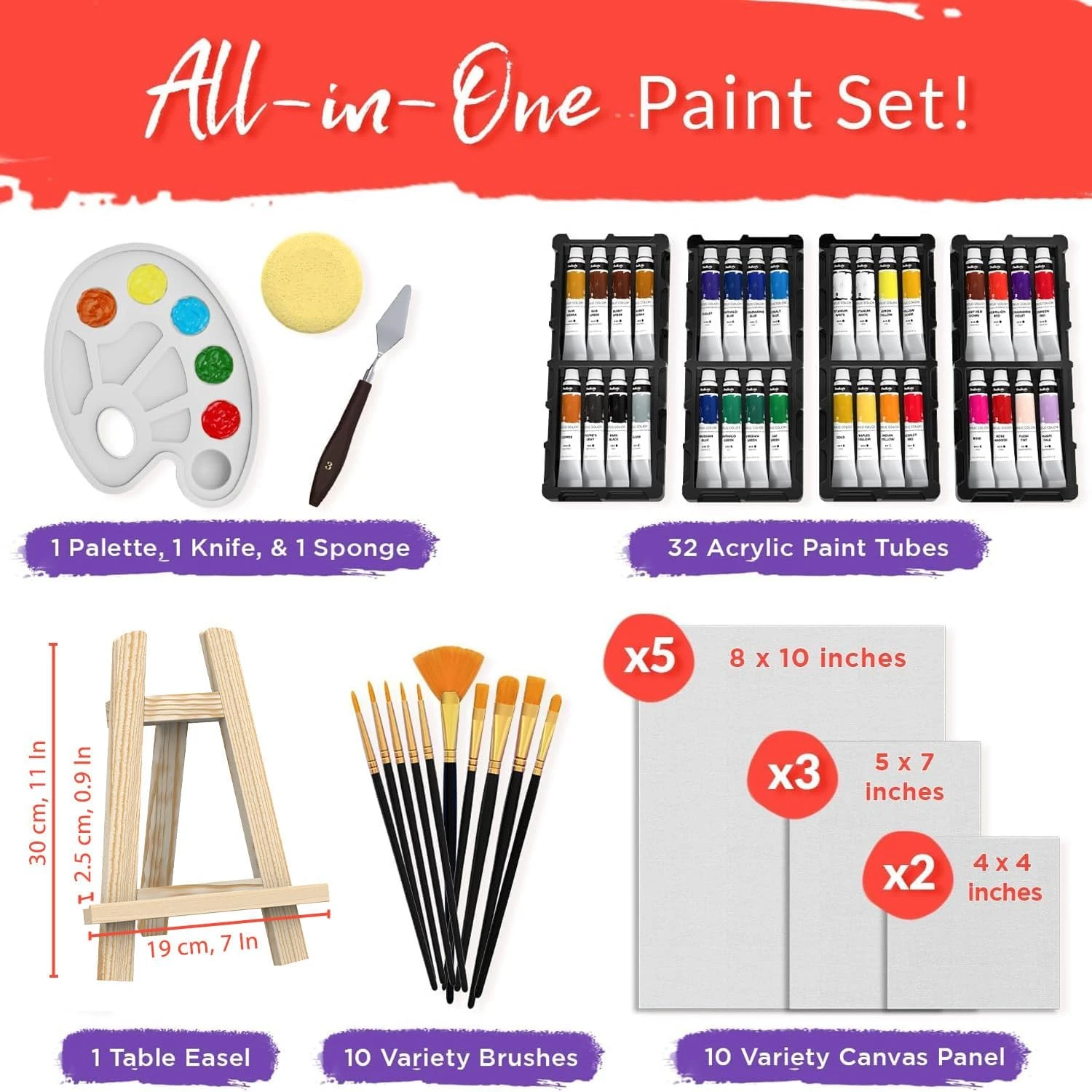 Chalkola Acrylic Paint Set for Adults & Kids - 56 Pcs Canvas Painting Kit with 3