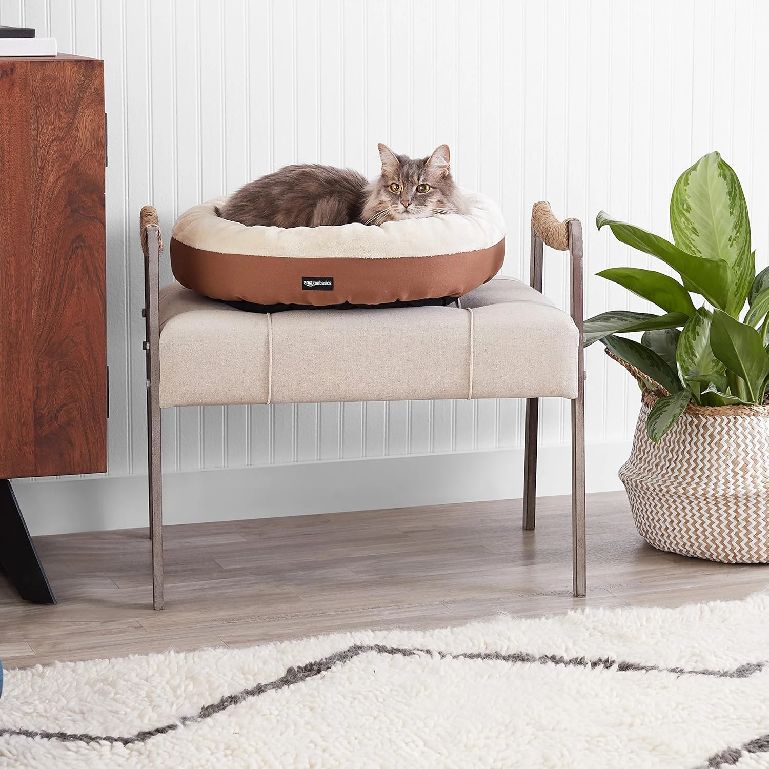 Basics Round Bolster Pet Bed with Flannel Top, 20-Inch, Brown and Ivory