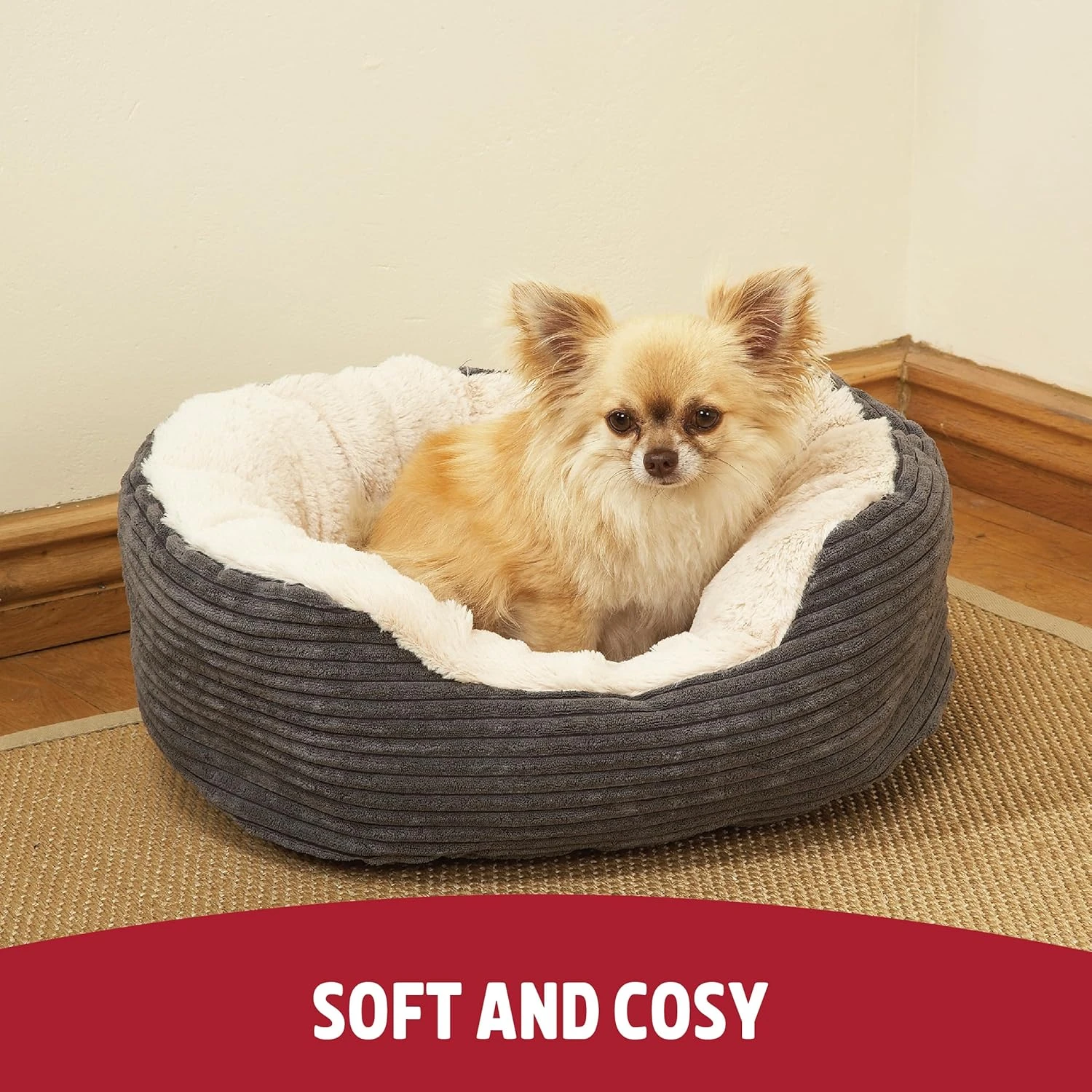 Rosewood Grey Jumbo Cord/Plush Oval Dog Bed, Small