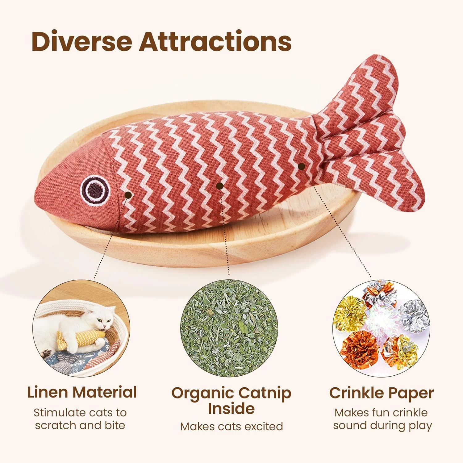Potaroma Cat Toys Fish, 3 Pack Crinkle Sound Catnip Toys Bite Resistant Linen, I