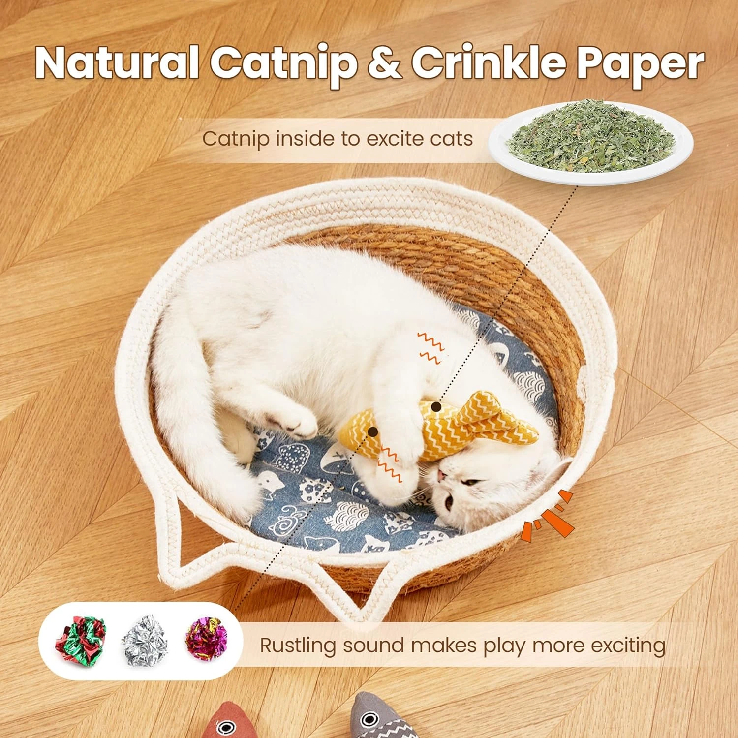 Potaroma Cat Toys Fish, 3 Pack Crinkle Sound Catnip Toys Bite Resistant Linen, I