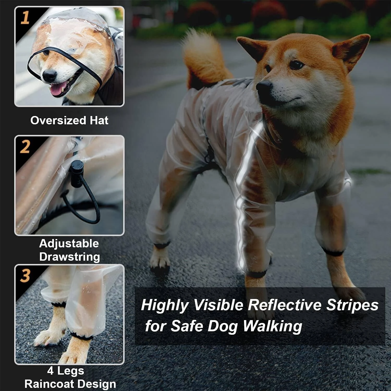 Olsa Dog Raincoat, Dog Hooded Slicker Poncho, 4 Legs Dog Rain Jacket with Reflec