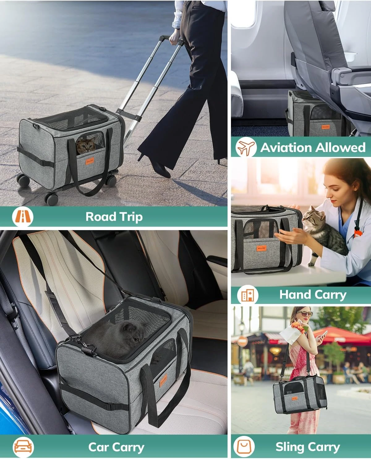 Morpilot Cat Carrier with Wheels Airline Approved, Pet Dog Carrier with Wheels f