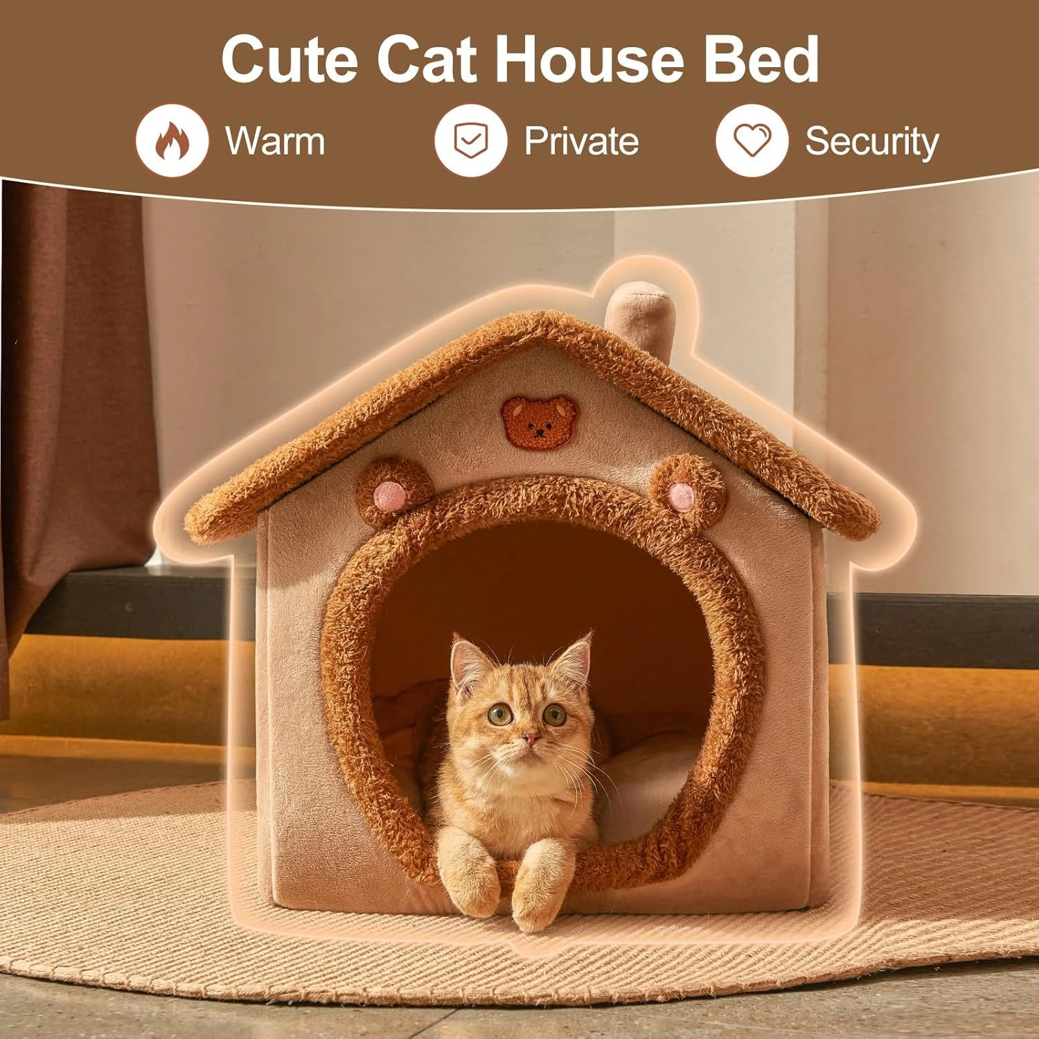 JIUPETY Cute Small Dog House Indoor, Foldable House Kennel Bed Mat with Cushion,