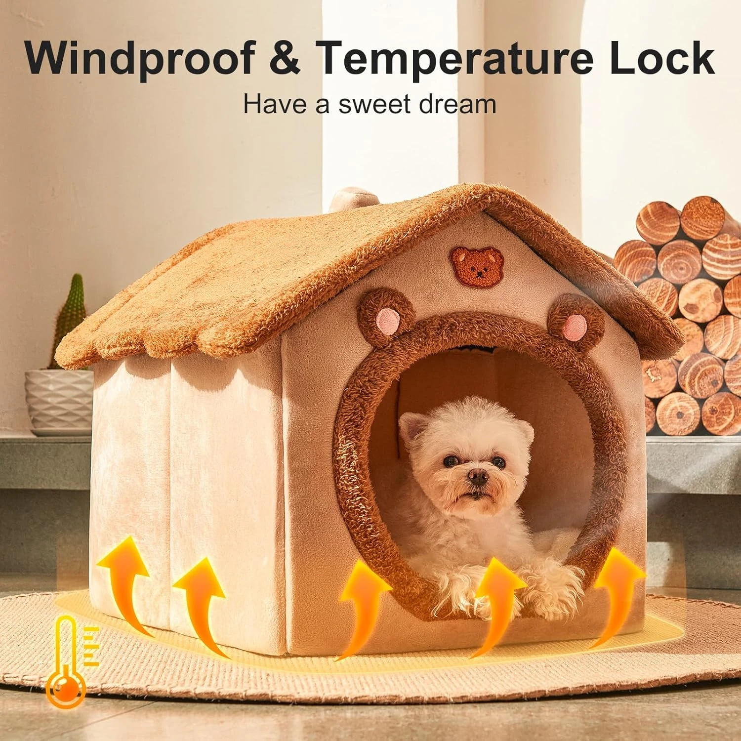 JIUPETY Cute Small Dog House Indoor, Foldable House Kennel Bed Mat with Cushion,