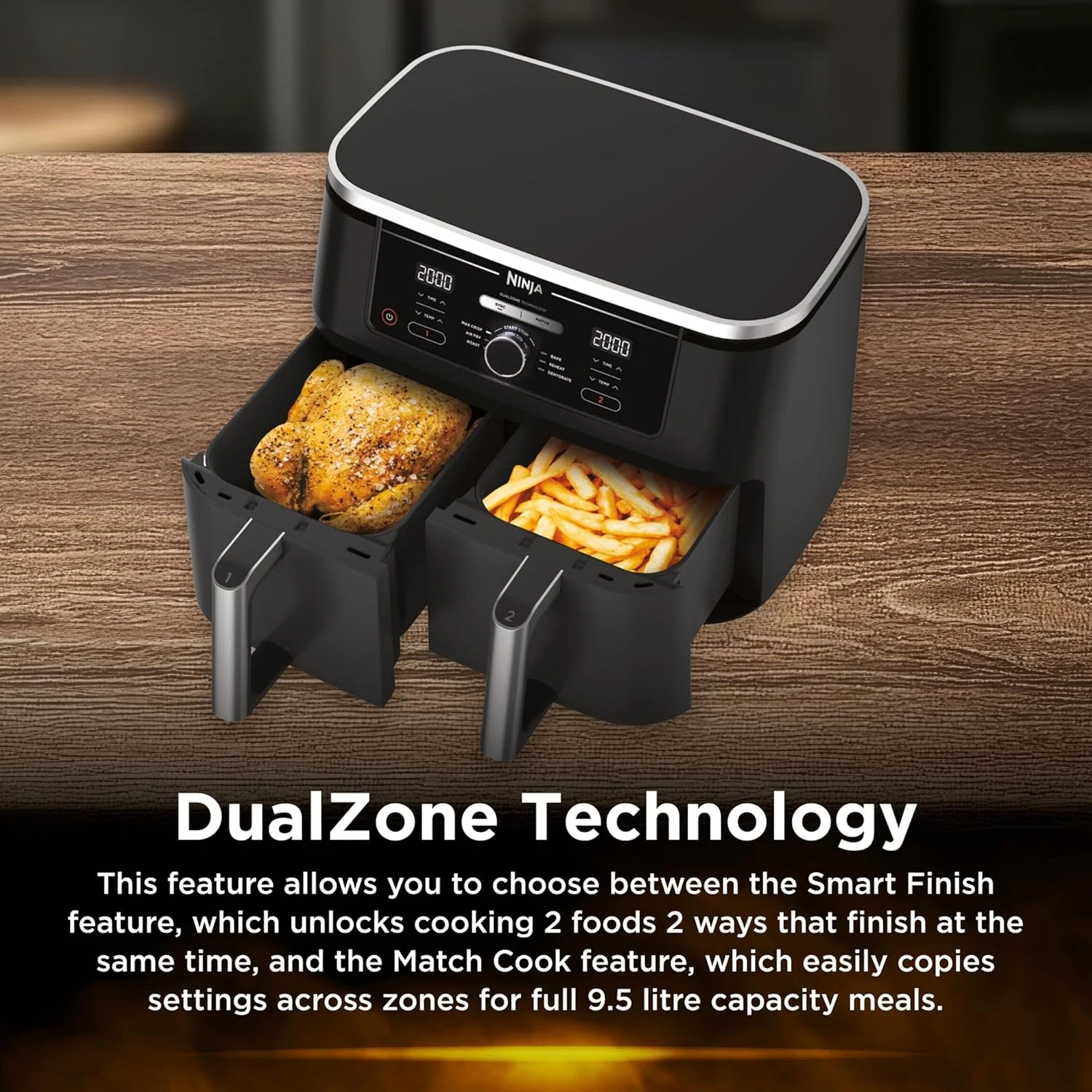 Ninja Foodi Dual Zone Air Fryer 2 Drawers, 6 Cooking Functions, 9.5L Capacity, B