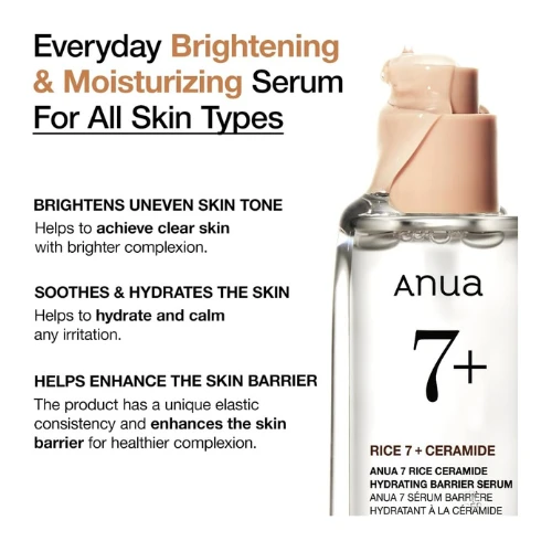 ANUA Rice Ceramide 7 Hydrating Barrier Serum, Brightening, Hydrating Serum for F