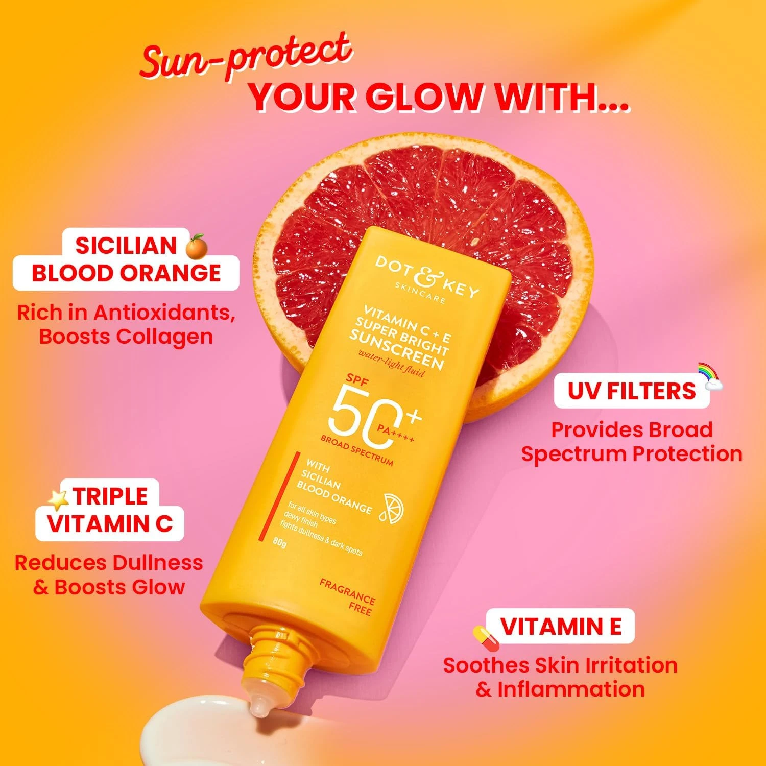 Dot & Key Sunscreen SPF 50 PA+++ with Vitamin C + E | for Even Toned & Glowing S