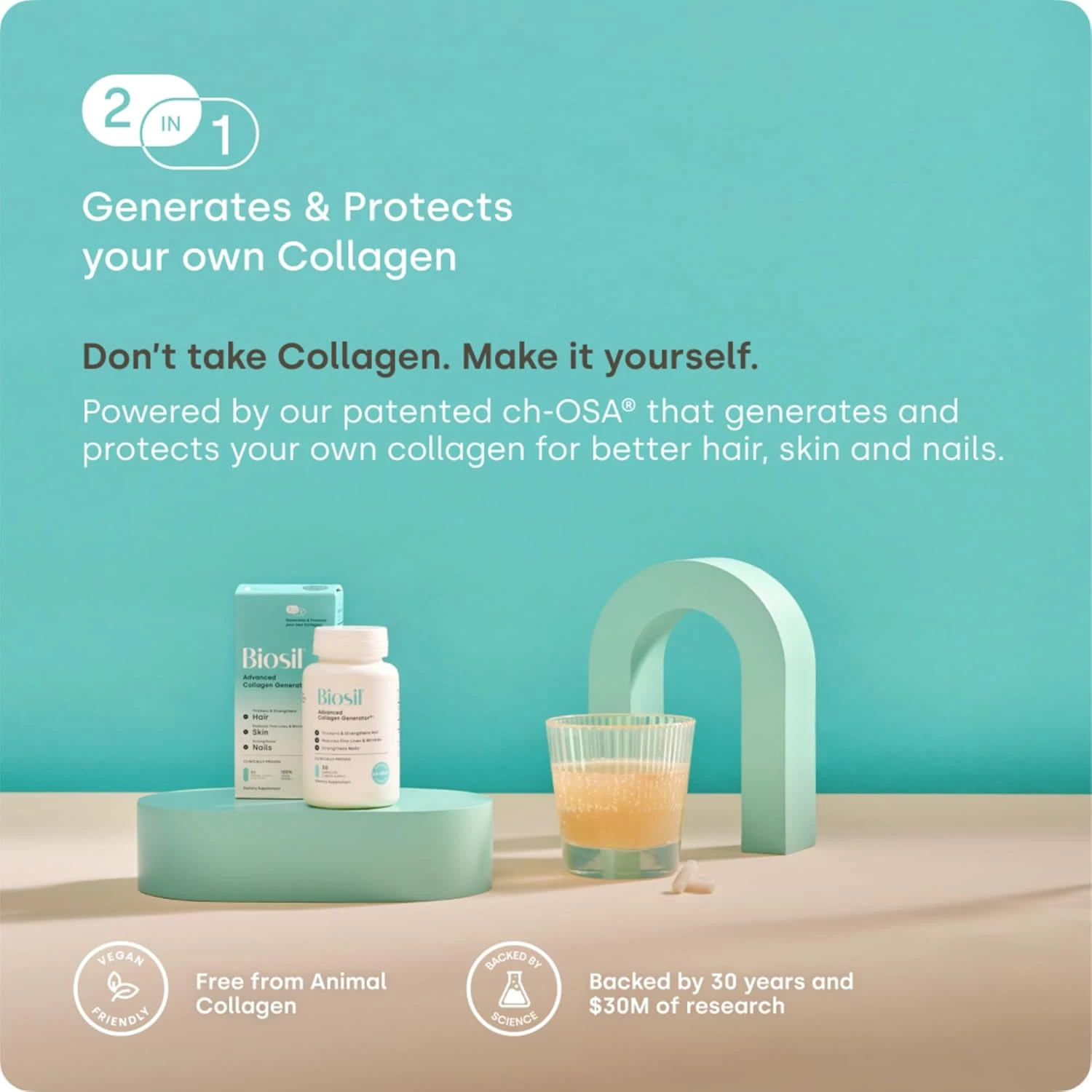 BioSil - 120 Vegan Capsules - with Patented ch-OSA Complex - Increase Collagen P
