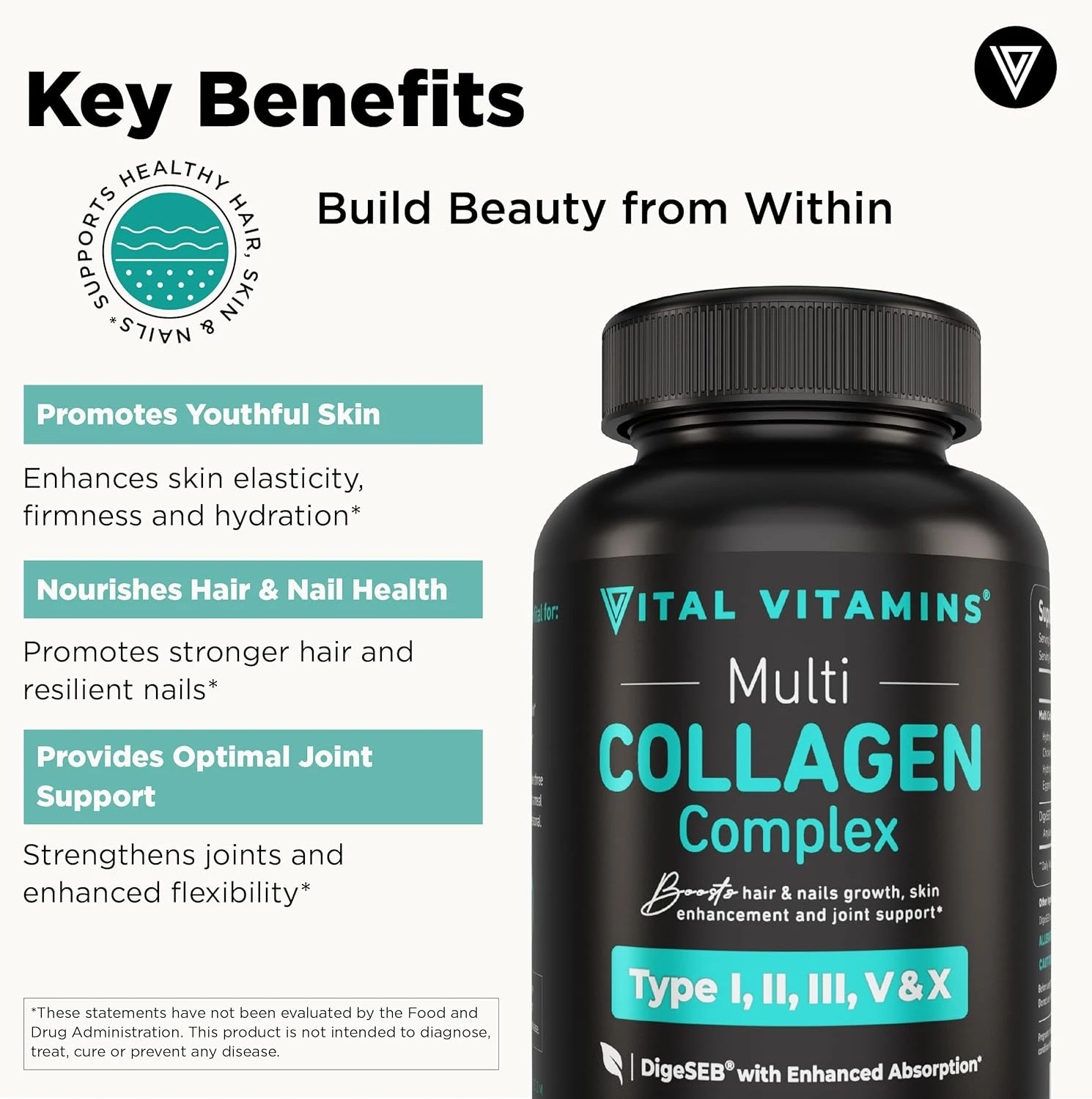 Vital Vitamins Grass Fed Enhanced Multi Collagen Pills (150 Capsules 3300mg)