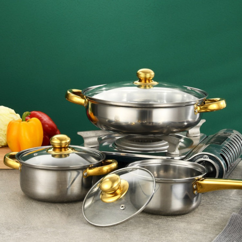 Set Of 3 Pcs Stainless Steel Soup Pot, Frying Wok, Milk Pot, Non-Stick With Top