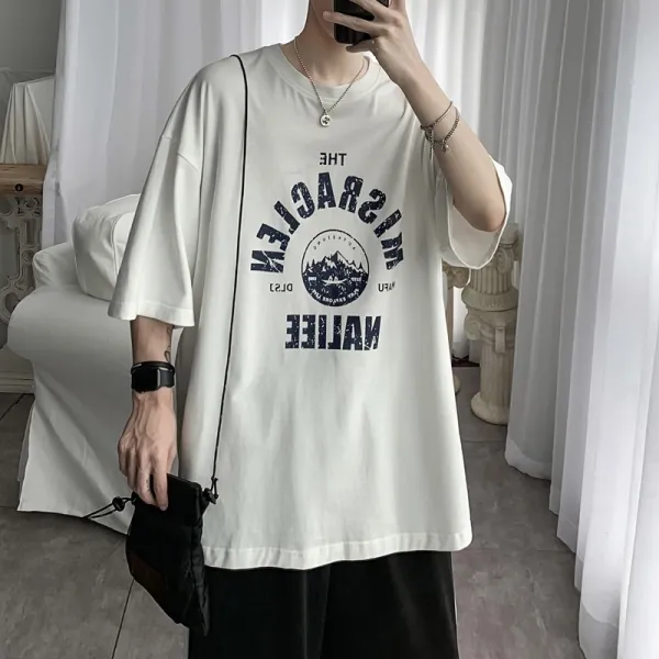 Letters Print Loose Design Half Sleeves Men T-Shirt Versatile Round Neck Casual