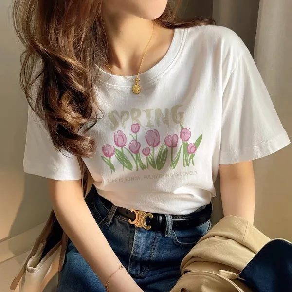 Tulip Pattern Crew Neck Short Sleeves Soft Fabric Casual Wear Women Top T-Shirt