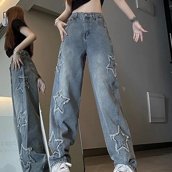 Star Decor High Waist Jeans Korean Style Hip Hop Straight Denim Jeans for Women