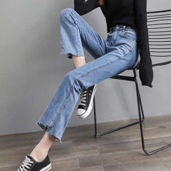 Blue Denim Button Jeans for Women - Straight Fit Full-Length Pant