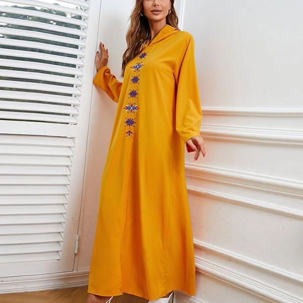 Embroidery Pattern Full Sleeves Yellow Color Women Casual Wear Hoodie Neck Dress