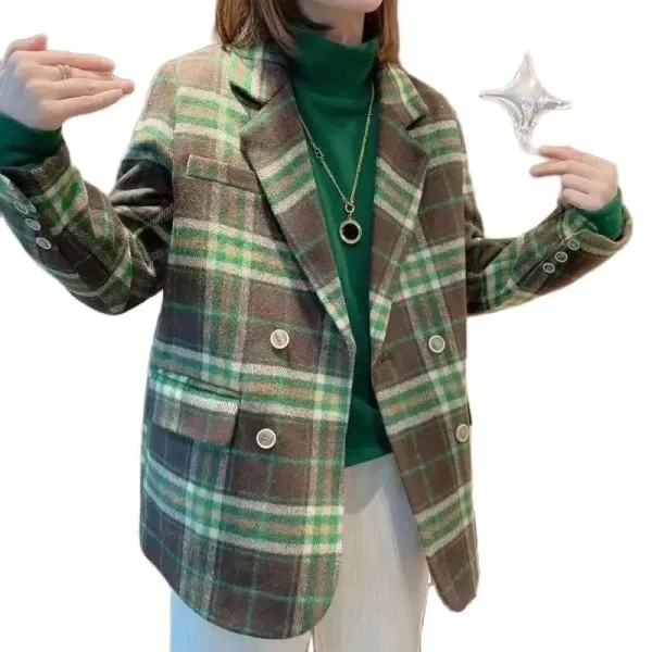 Plaid Lapel Neck Women's Blazer - Stylish Double Breasted Coat for Casual Outfit