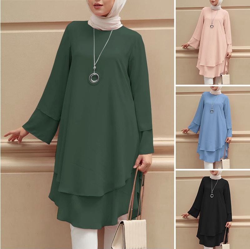 Two-layer Design Shirt Round Neck Solid Color Elegant Holiday Party Top Turkish 