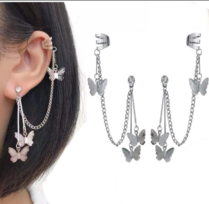 Pair of Ear cuff Earrings butterfly chain