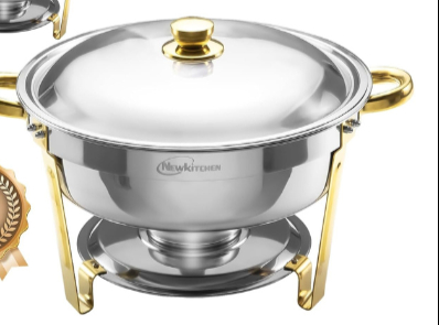NEWKITCHEN 6QT Round Chafing Dish – Elegant Gold and Silver Stainless Steel Buff
