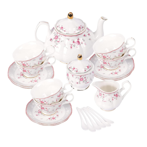 fanquare Porcelain Tea Set, Cup and Saucer Set, 6 Person Tea Set, Wedding Teapot