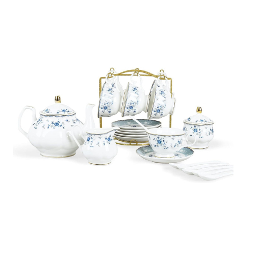 fanquare 15 Piece Blue Rose Porcelain Tea Set, British Floral Teapot with Tea Cu