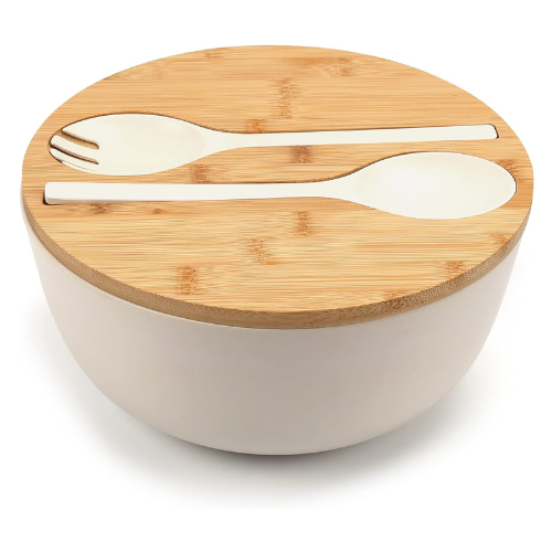 ShineMe Large Salad Bowl with Lid, Bamboo Fiber Salad Serving Bowl Set with Uten