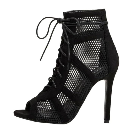 Women Dancing High Heels Shoes Basic Peep Open To Lace-Up Front Mesh Stiletto He